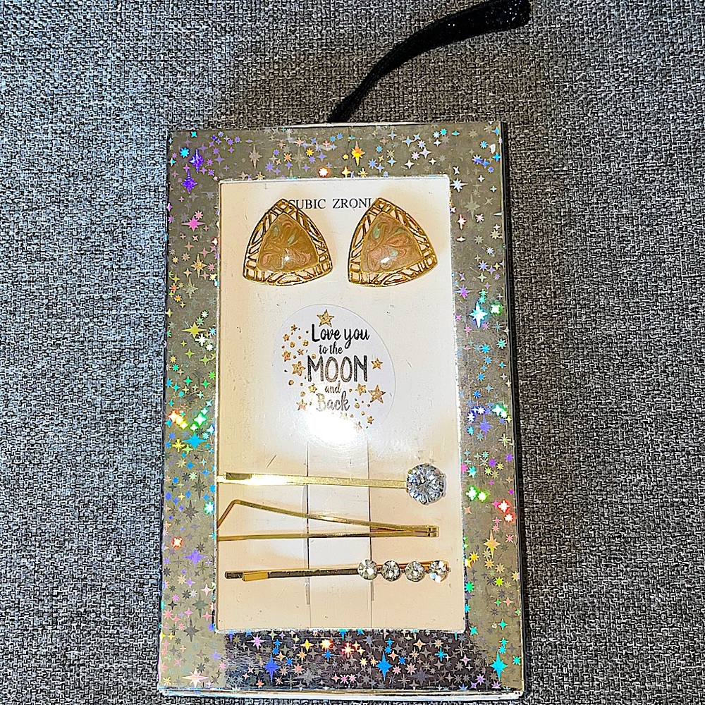 Vintage Enamel gold tone earrings and cute cubic zirconia hair pins